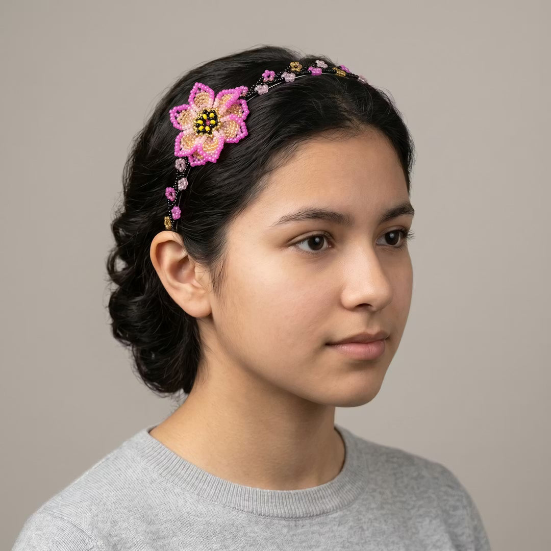 Beaded Headband with Flower Pink