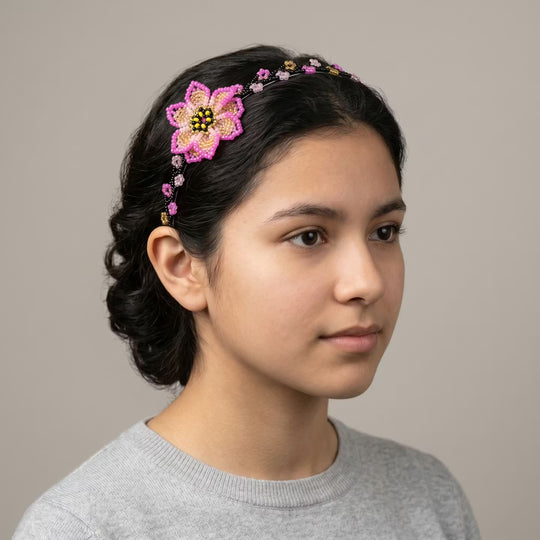 Beaded Headband with Flower Pink