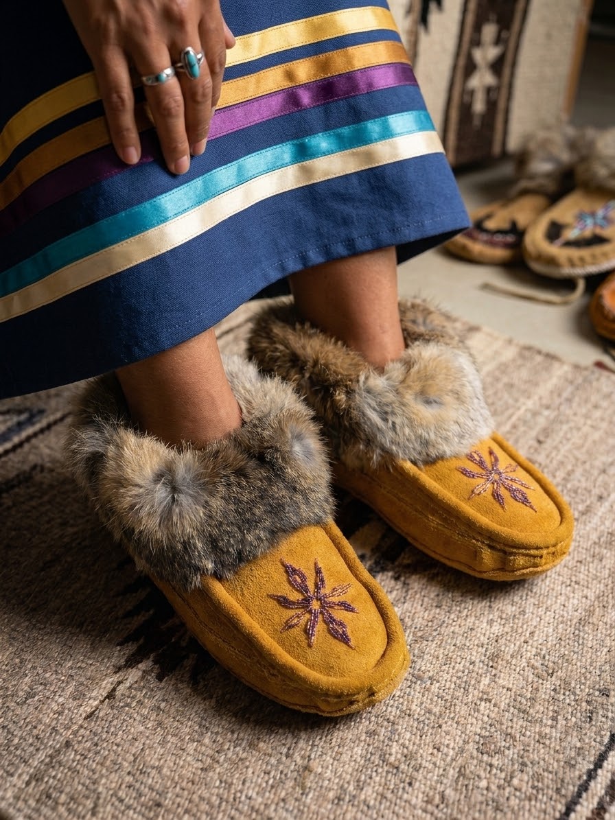 Yellow Moccasins with Beadwork (Size 7)