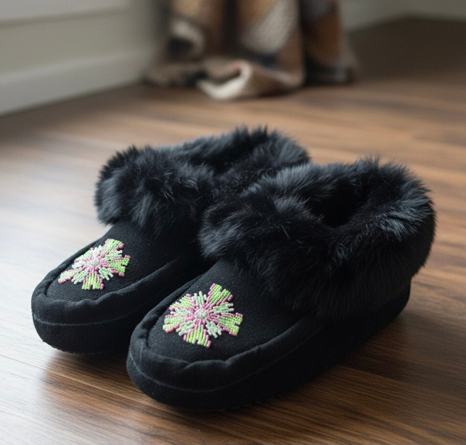 Black  Moccasins with Beadwork (Size 9)