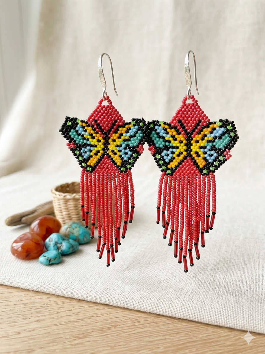 Red Beaded Dancing Wing Earrings