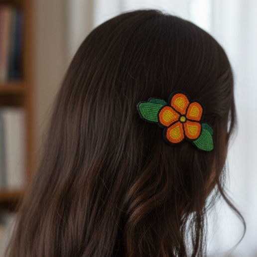 Orange and Yellow Beaded Flower Barrette
