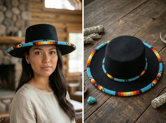 Size-62 Beaded Flat-Brim Felt Hat