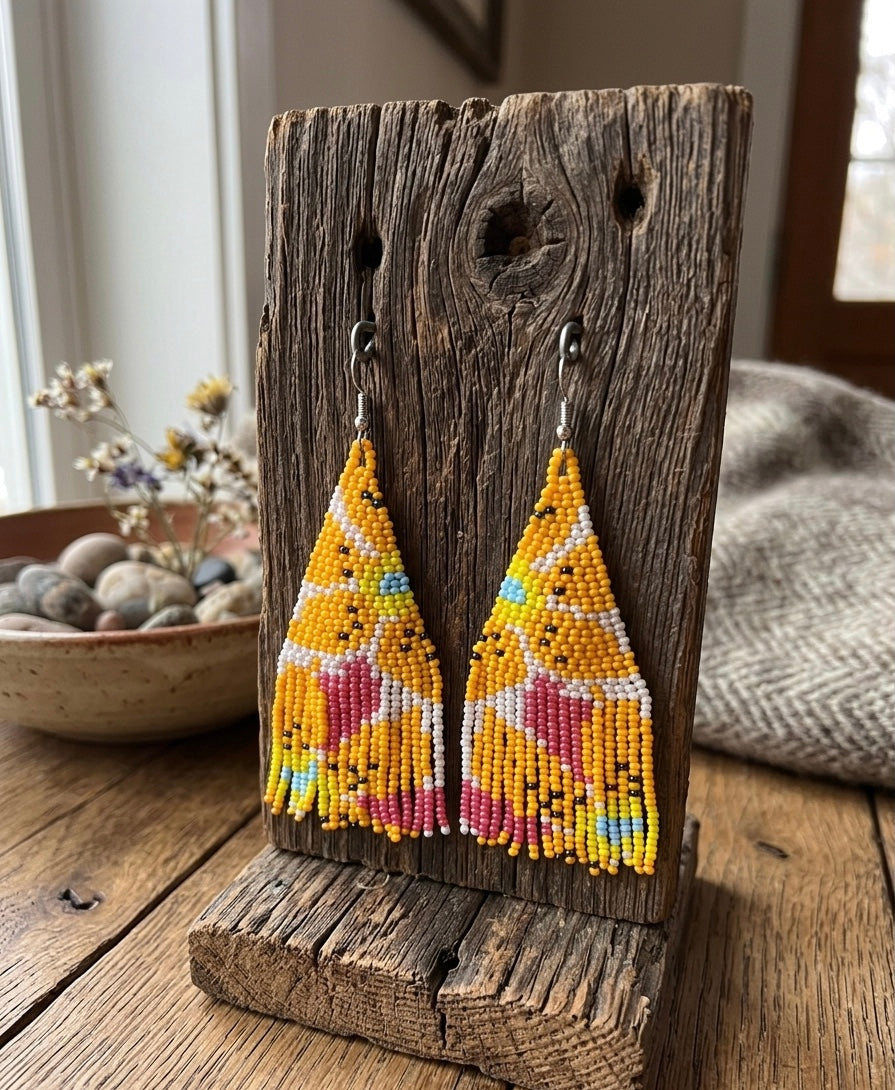Flower Fringe Beaded Earrings (Mustard)