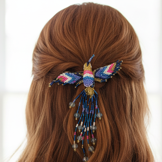 Golden and Blue Hummingbird Barrette with Fringes