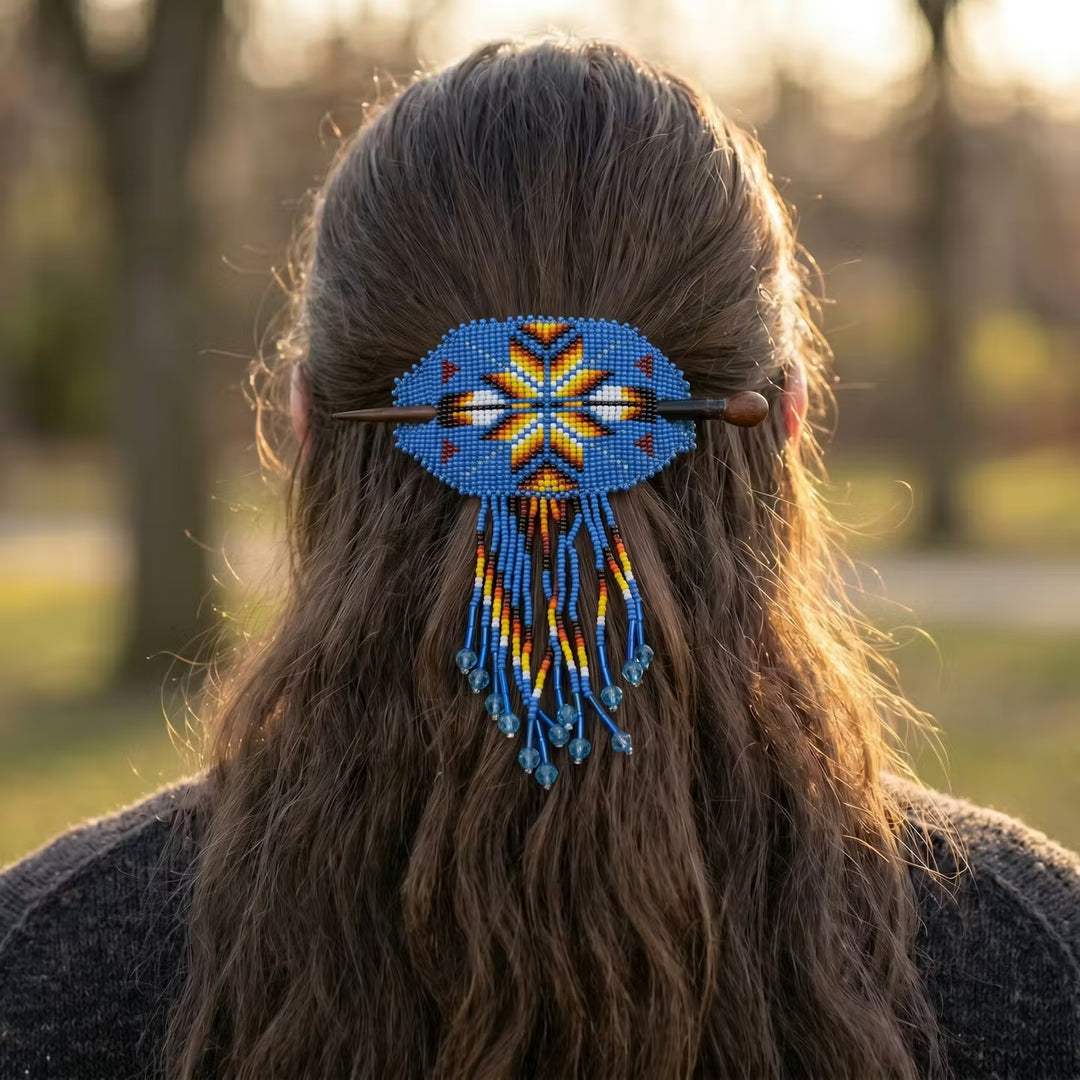 Feathers Fringed Beaded Barrette & Wooden Stick