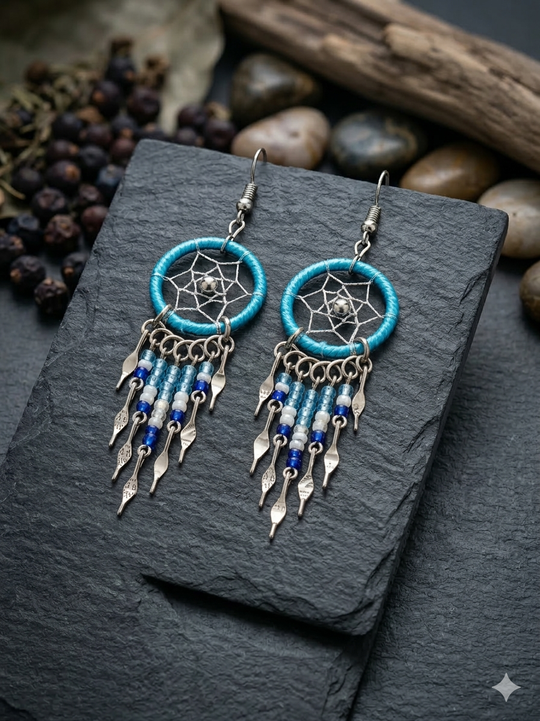 Blue /white Beaded Dreamcatcher earrings