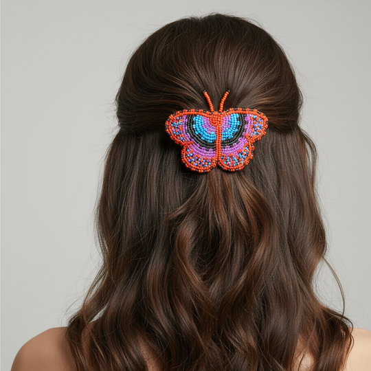 Red and Silver Butterfly Beaded Barrette