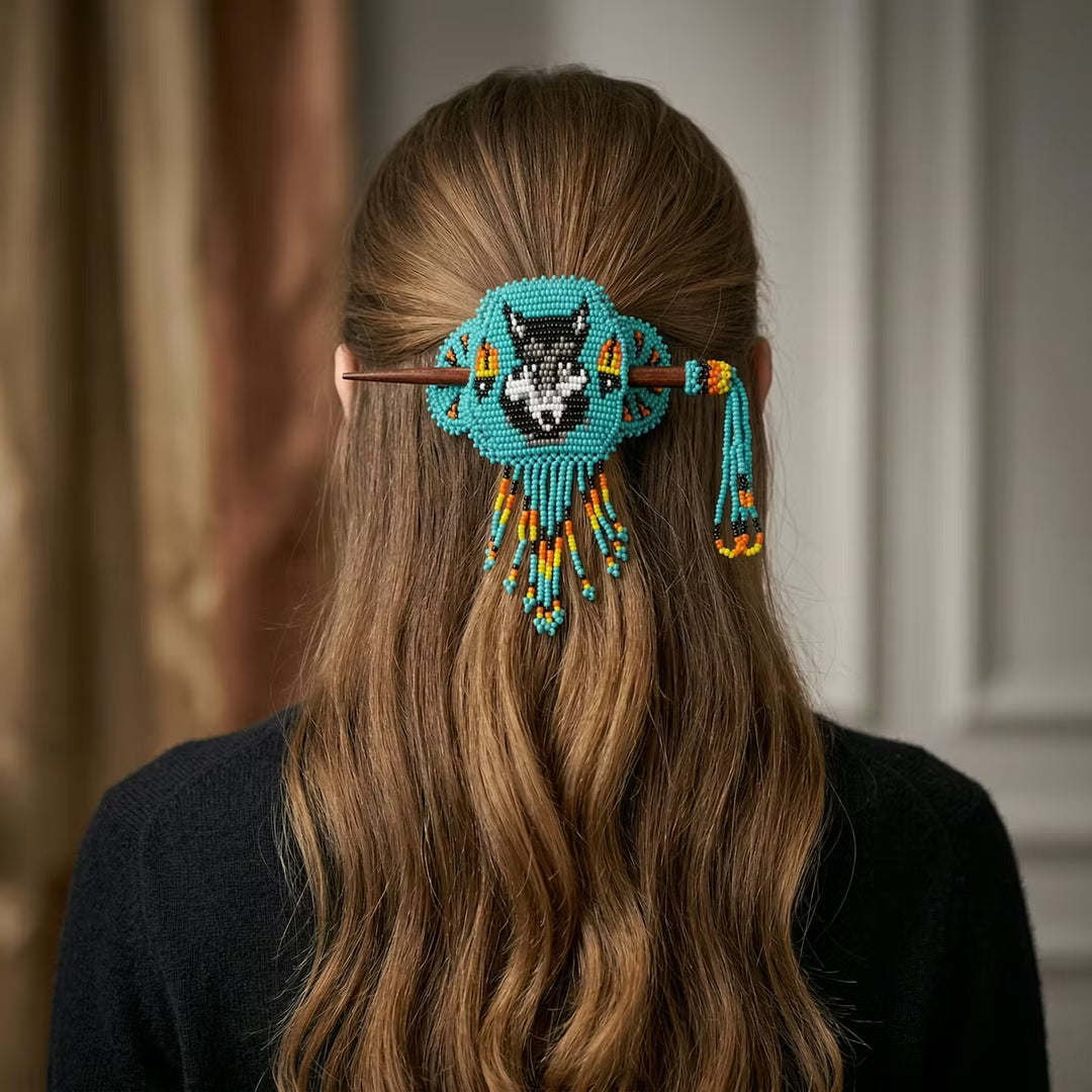 Wolf Fringed Beaded Barrette & Wooden Stick