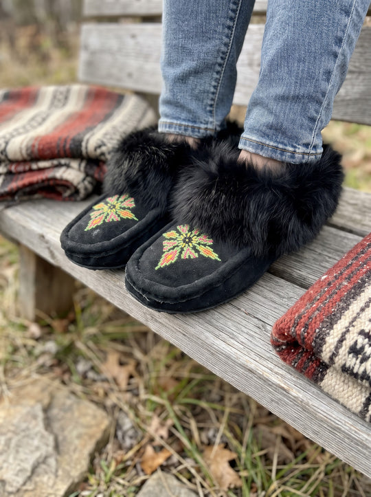 Black Moccasins with Beadwork (Size 7)