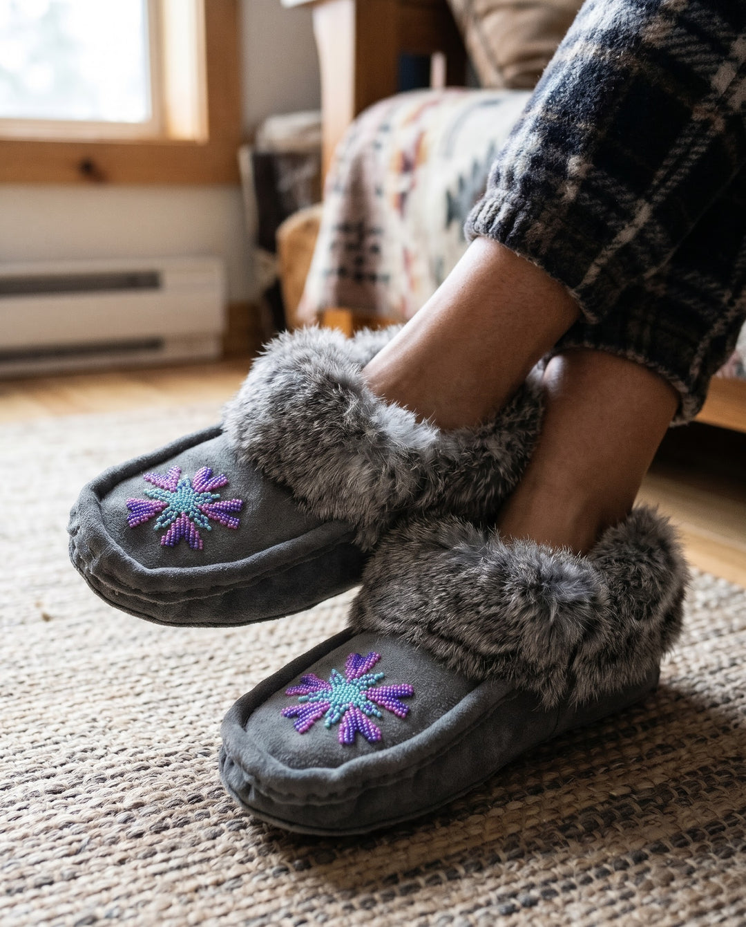 Grey Moccasins with Beadwork (Size 10)