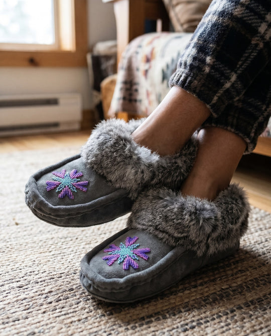 Grey Moccasins with Beadwork (Size 10)