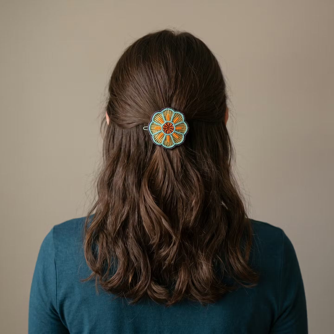 Turquoise Beaded Flower Barrette