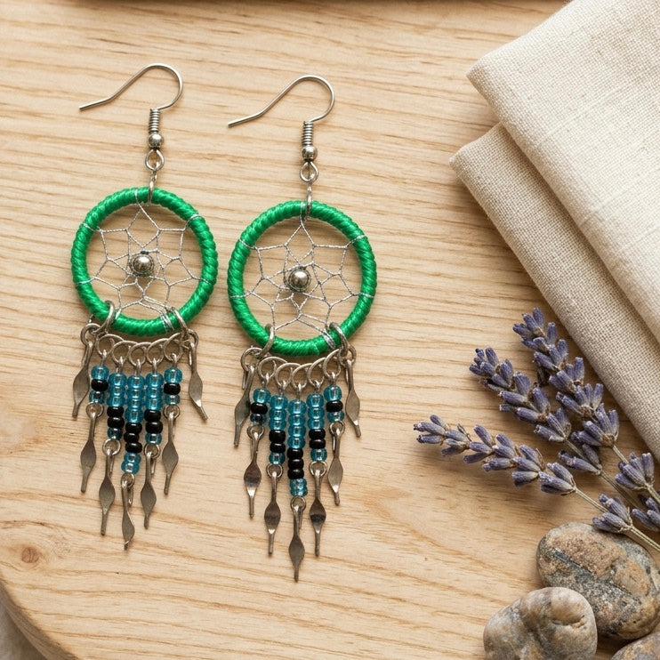 OLDTRIBES™ Green /blue beaded dream catcher earrings