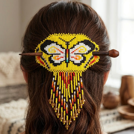 Butterfly Fringed Beaded Barrette &amp; Wooden Stick