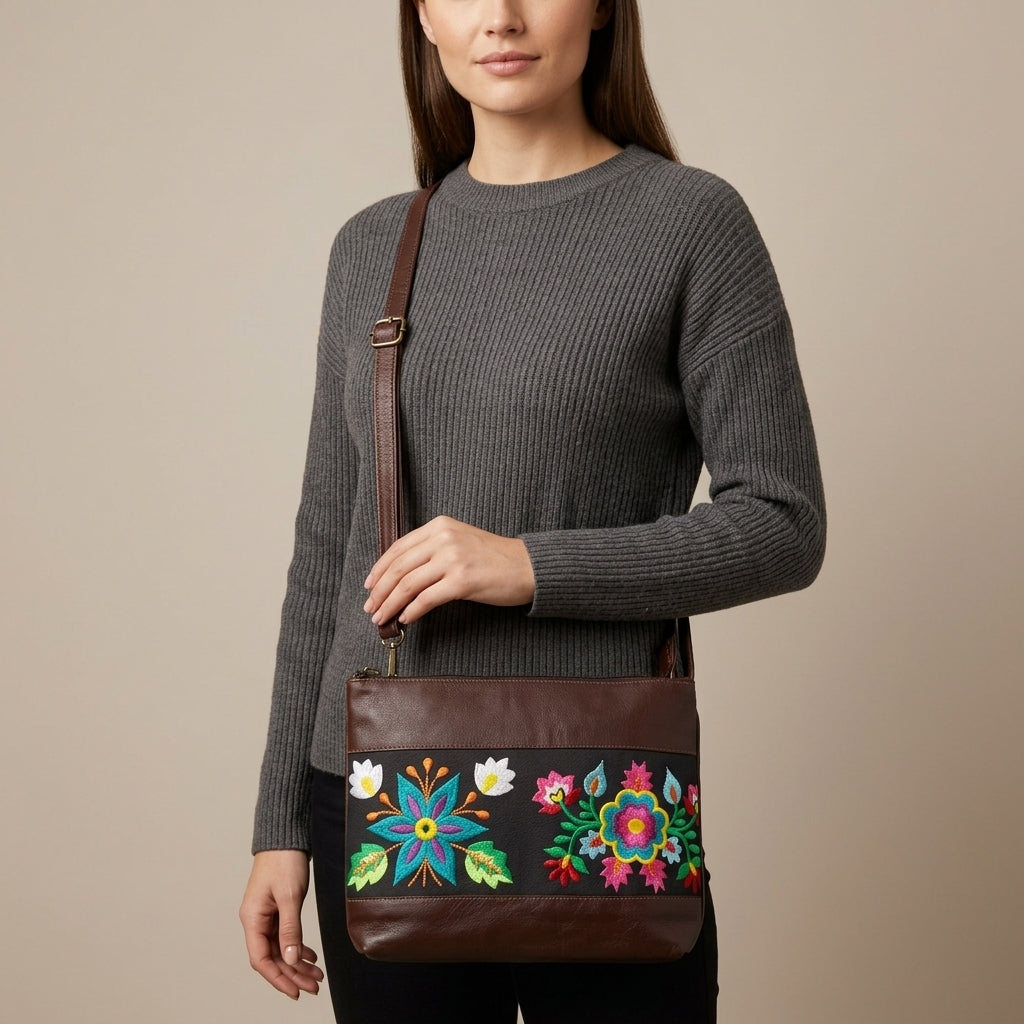 Flower Embroidered Leather Crossbody Bag