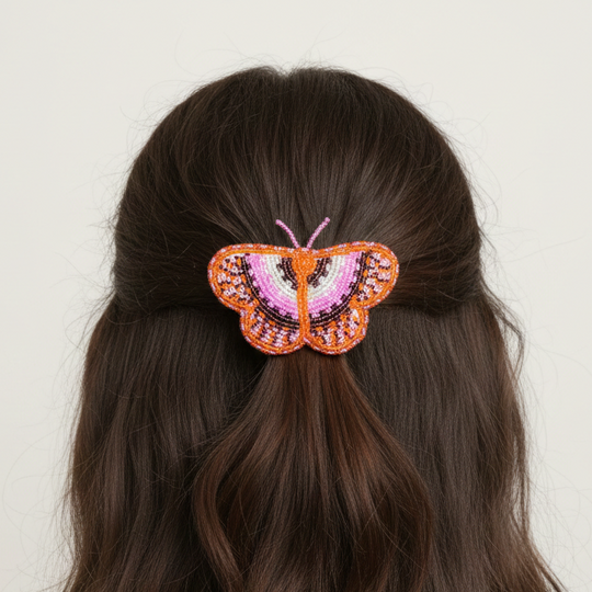 Orange and Pink Butterfly Beaded Barrette