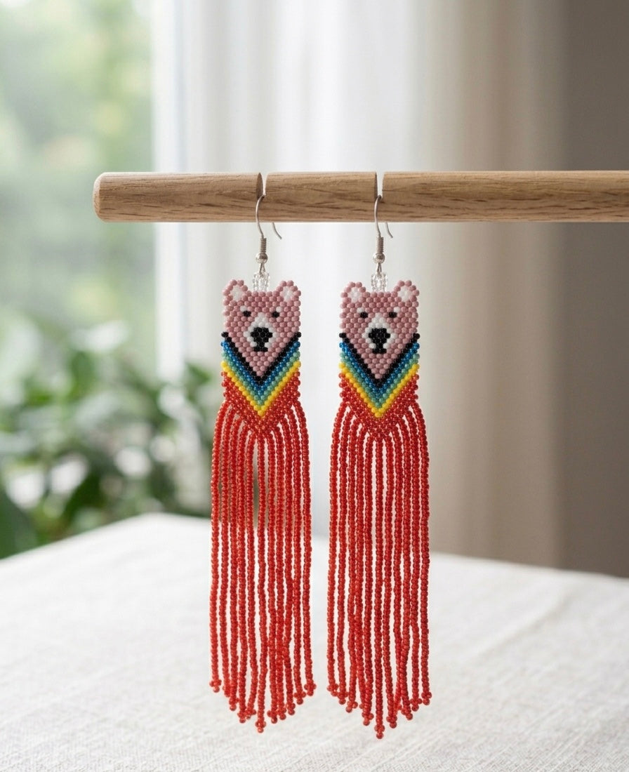 Pink - Red Native Bear Beaded Earrings
