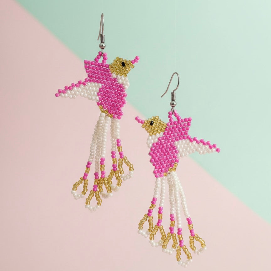 Handmade Beaded Hummingbird Earrings – Pink /white