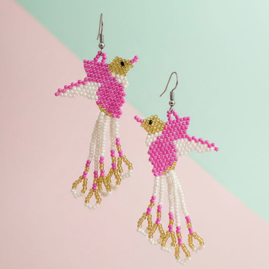 Handmade Beaded Hummingbird Earrings – Pink /white