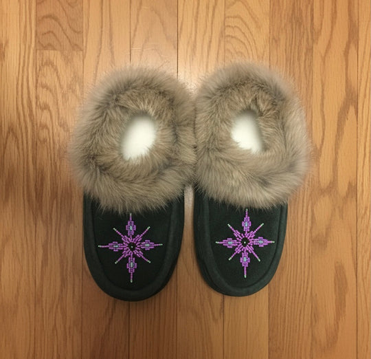 Purple and Green Moccasins with Beadwork (Size 7)