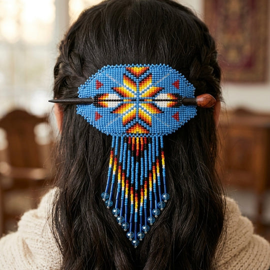 Feathers Fringed Beaded Barrette &amp; Wooden Stick