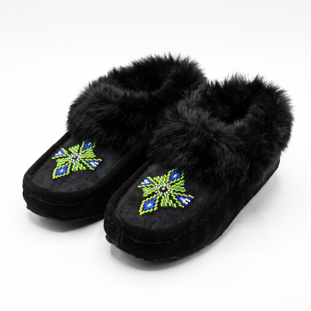 Black Moccasins with Beadwork (Size 10)