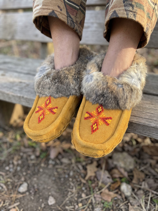 Yellow Moccasins with Beadwork (Size 8)