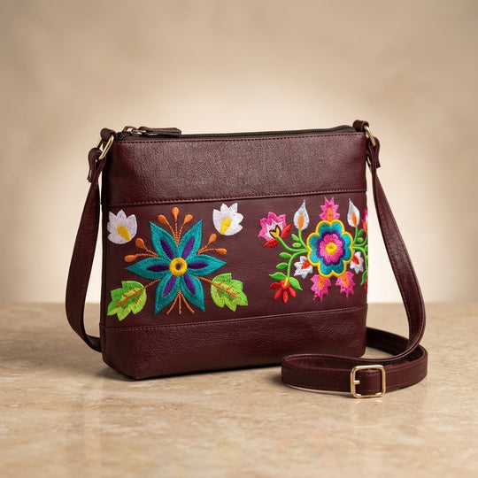 Flower Embroidered Leather Crossbody Bag