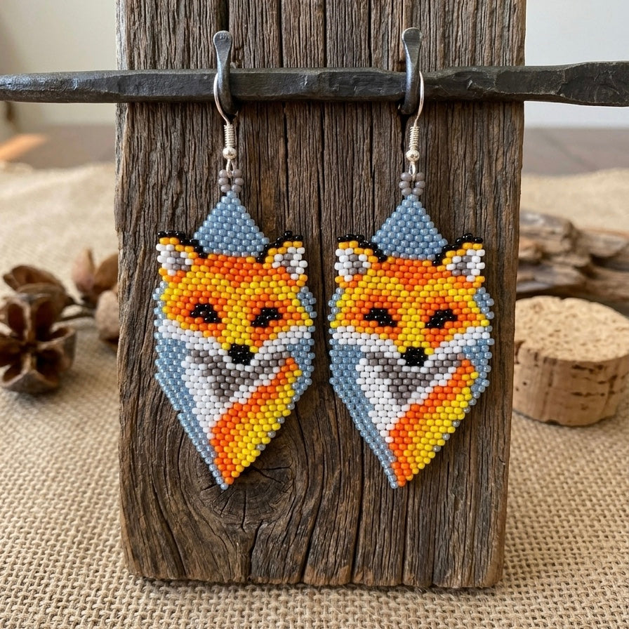 Fox Beaded Earrings (Blue)