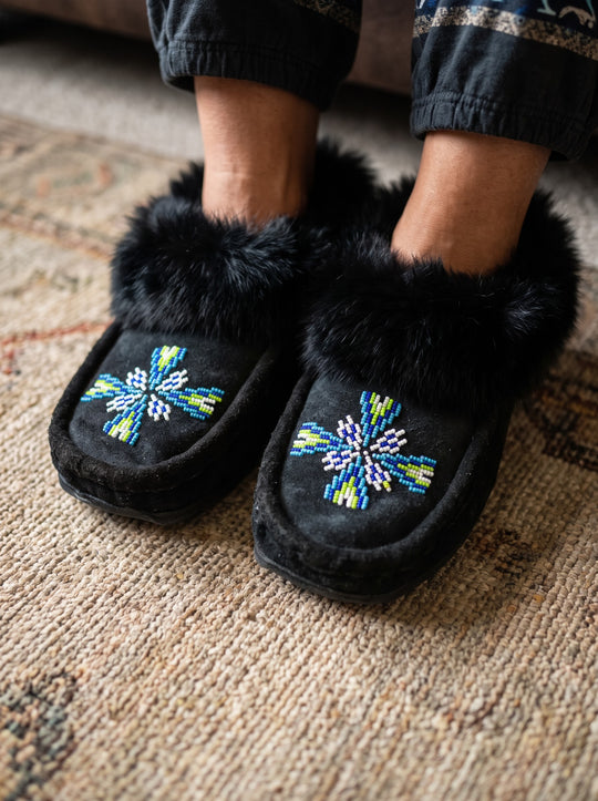 Black Moccasins with Beadwork (Size 10)