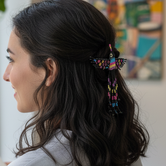 Black and Turquoise Hummingbird Barrette with Fringes