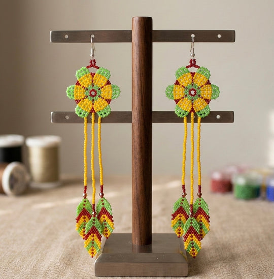 Sun Feather Bloom Beaded Earrings- Neon & Red