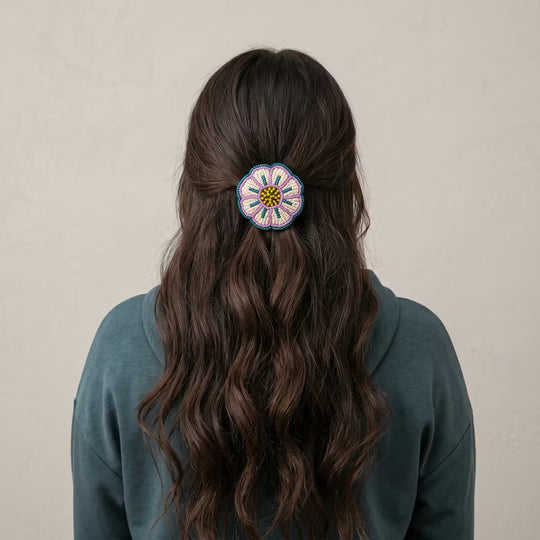 White Beaded Flower Barrette