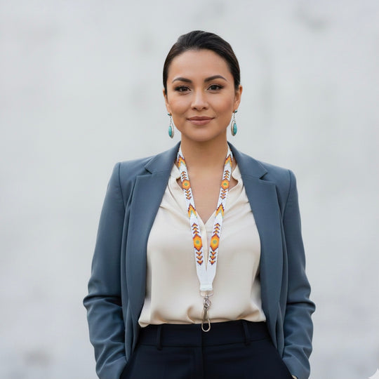 White yellow Native Beaded Lanyard