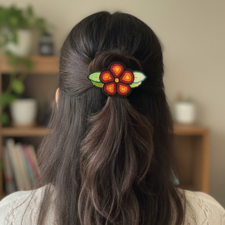 Brown and Red Beaded Flower Barrette