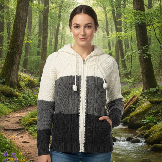 Grey and White Cayambe Alpaca Cable Knit Sweater