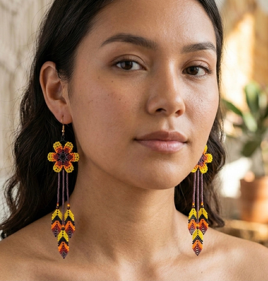 Sun Feather Bloom Beaded Earrings- Yellow