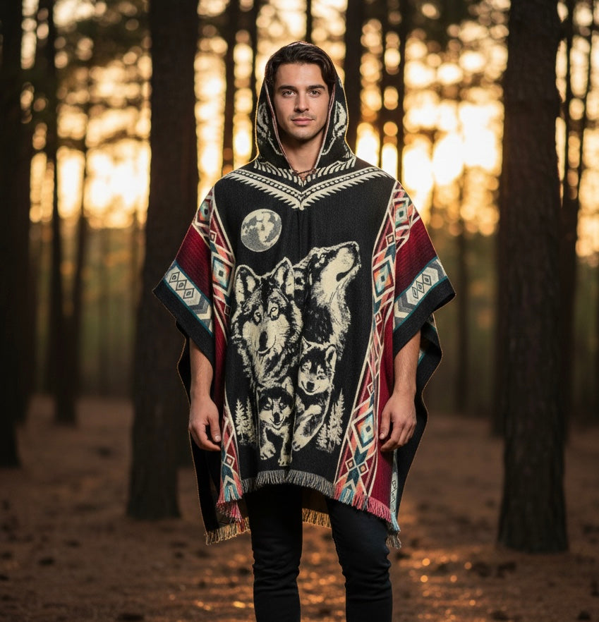 Wolf w/puppy wolf HandMade Wool Poncho