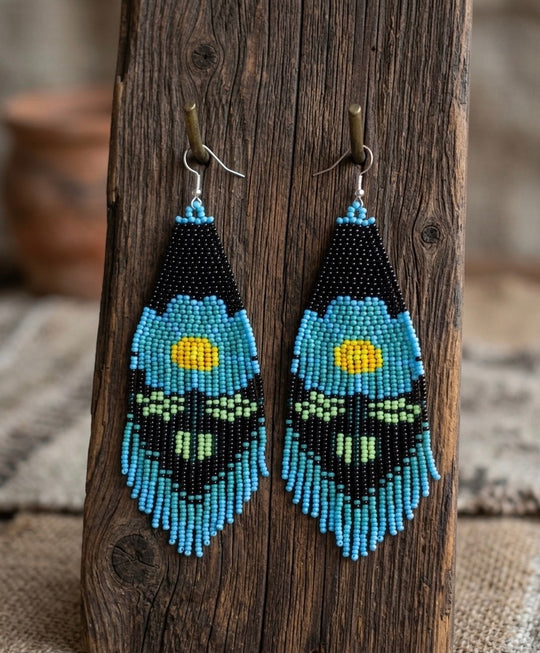 Flower Beaded Earrings ( Blue )