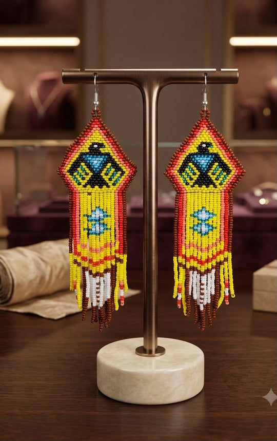 Beaded thunderbird earrings yellow / purple