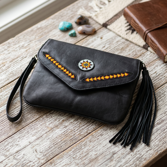 Leather beaded Crossbody bag(Black)
