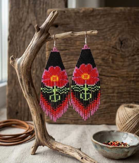 Flower Beaded Earrings ( Red )
