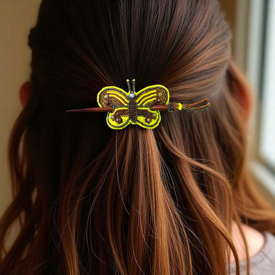 Dark brown yellow Handmade Beaded Butterfly Barrete