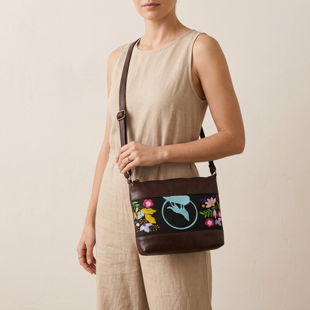 Wolf Embroidered Leather Crossbody Bag