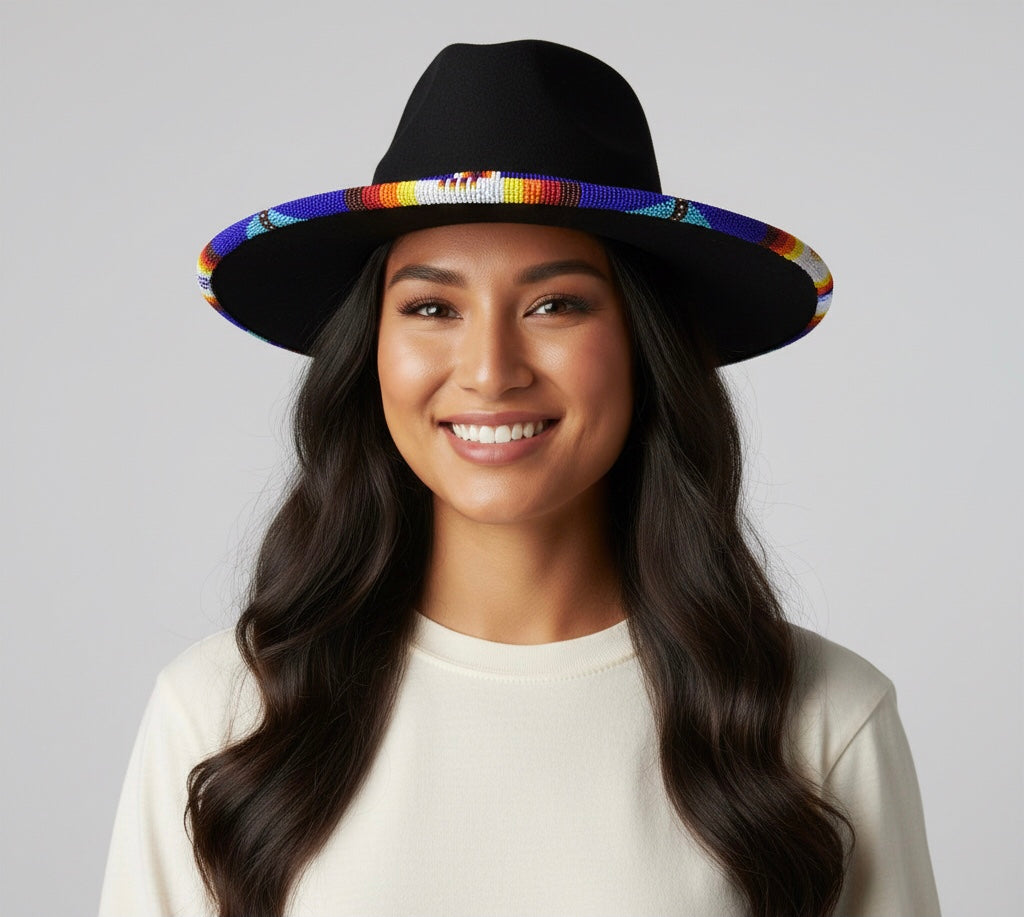 Size-57 Handmade Beaded Hat(Black blue beaded)