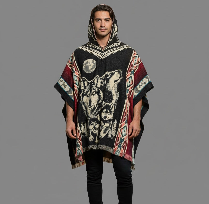 Wolf w/puppy wolf HandMade Wool Poncho