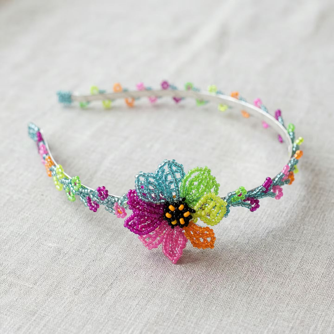 Beaded Headband with Flower Multicolour