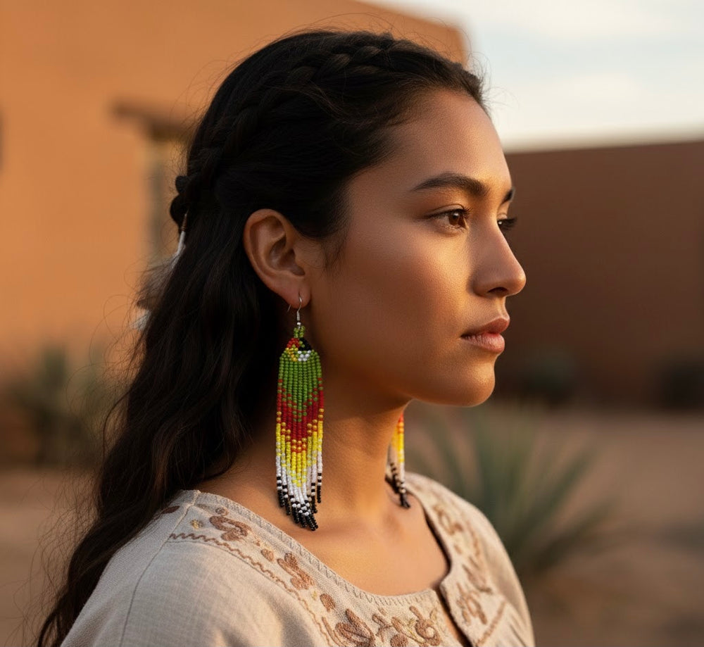 Green Firebird Spirit Beaded Earrings