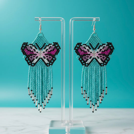 Turquoise and Pink Beaded Dancing Wing Earrings